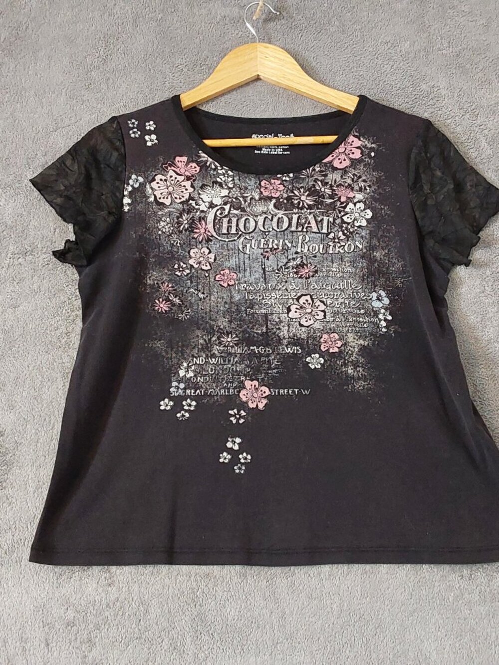 Special Tees XL Black Floral Graphic Tee Crinkle Flutter Bell Sleeve Cottagecore